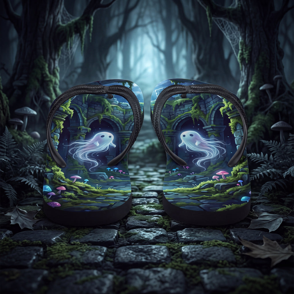 Ghost in Mossy Ruins Flip Flops | Haunted Forest Mushroom Sandals