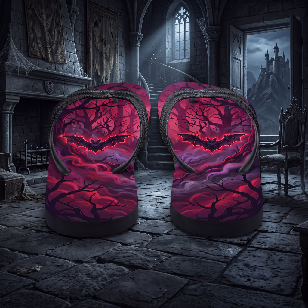 Spooky Bat Flip Flops | Red Gothic Halloween Forest Sandals