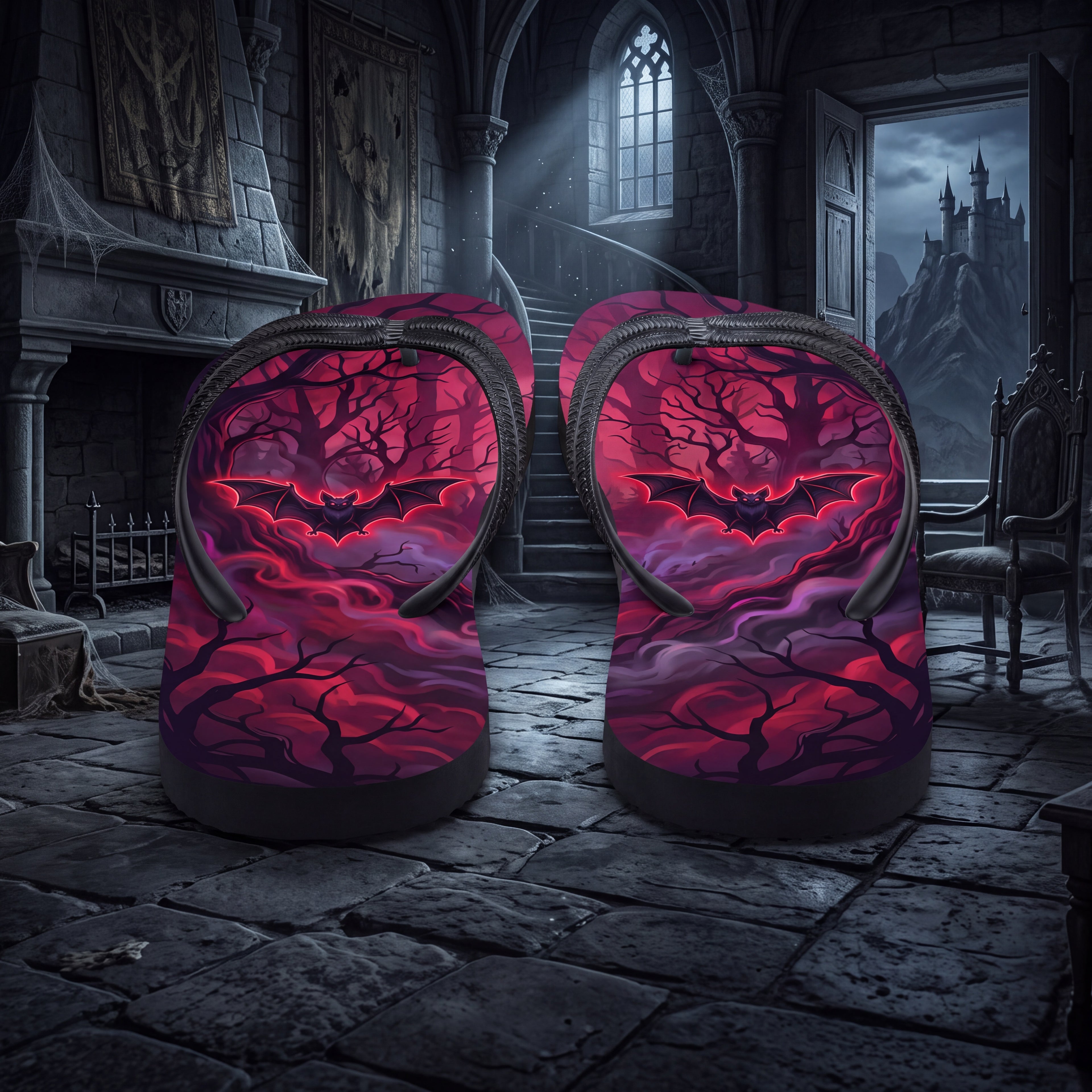 Spooky Bat Flip Flops | Red Gothic Halloween Forest Sandals