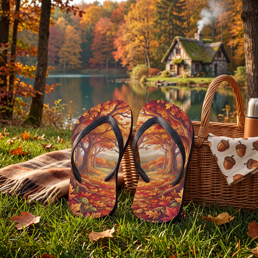 SUBLIMATION Autumn Forest Flip Flops, Fall Foliage Woodland Sandals