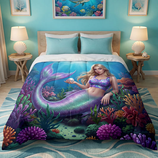 Mermaid Comforter | Ocean Fantasy Bedding with Colorful Coral Reef | Soft Microfiber