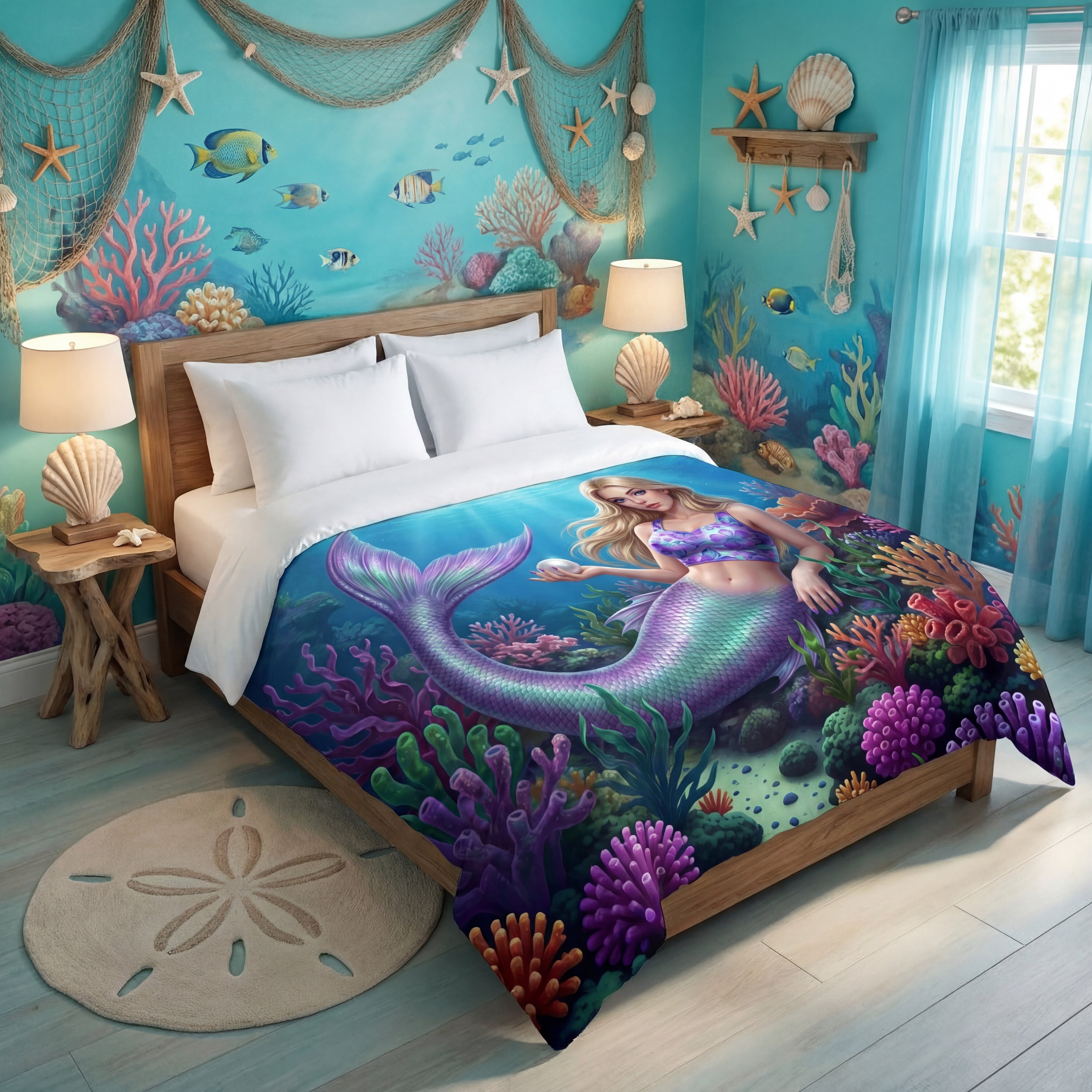 Mermaid Comforter | Ocean Fantasy Bedding with Colorful Coral Reef | Soft Microfiber