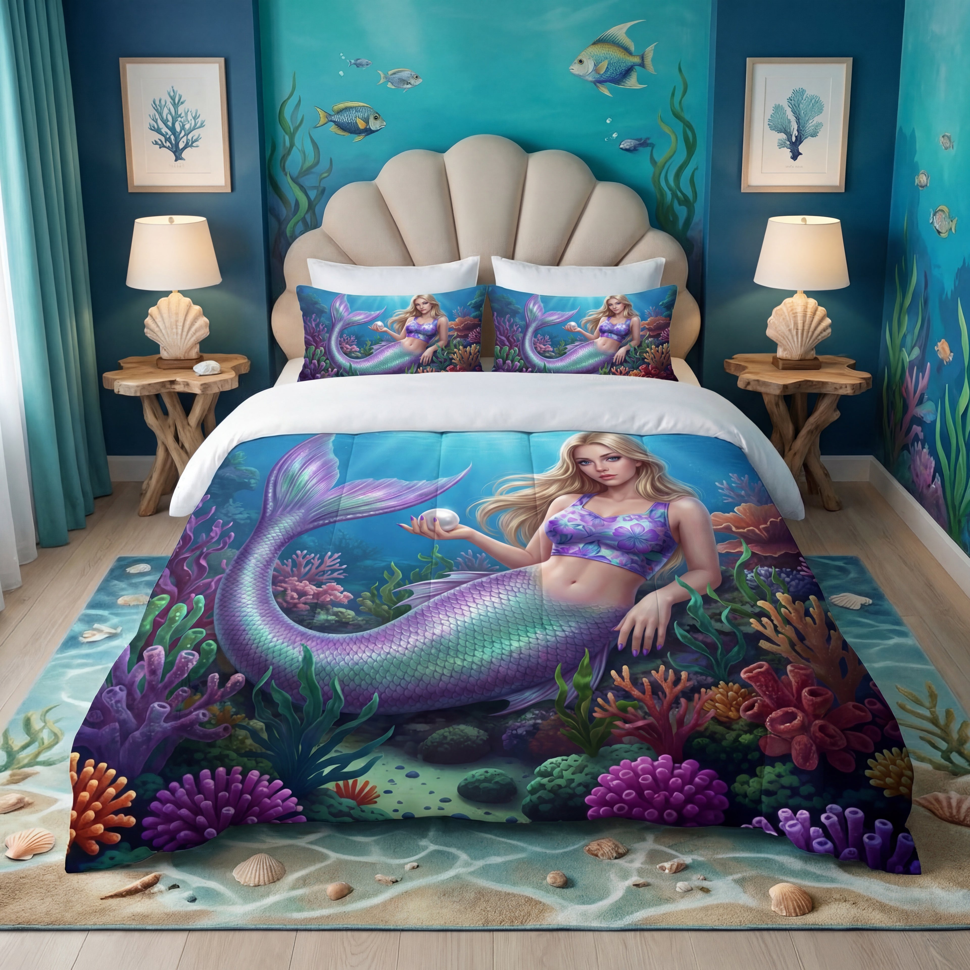 Mermaid Comforter | Ocean Fantasy Bedding with Colorful Coral Reef | Soft Microfiber