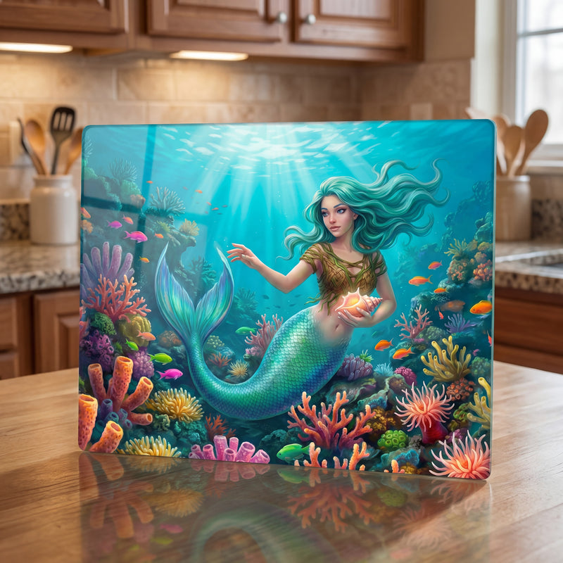Mermaid Reef Glass Cutting Board (2 Sizes) | Ocean Kitchen Decor | Tempered Glass Serving Board