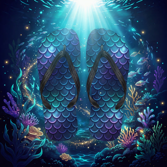 Mermaid Scale Sublimation Flip Flops | Iridescent Blue Purple Beach Sandals