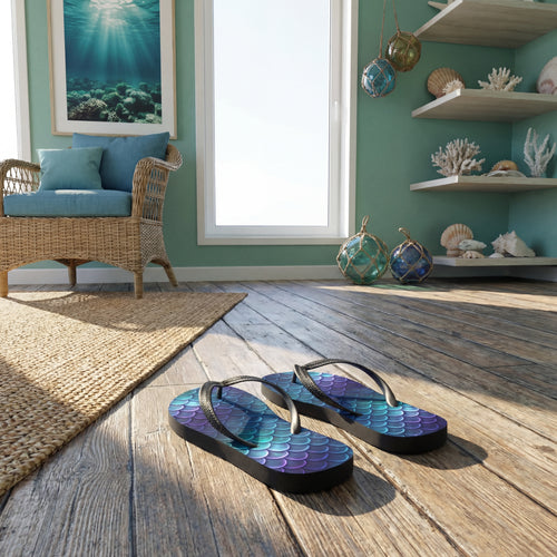 Mermaid Scale Sublimation Flip Flops | Iridescent Blue Purple Beach Sandals