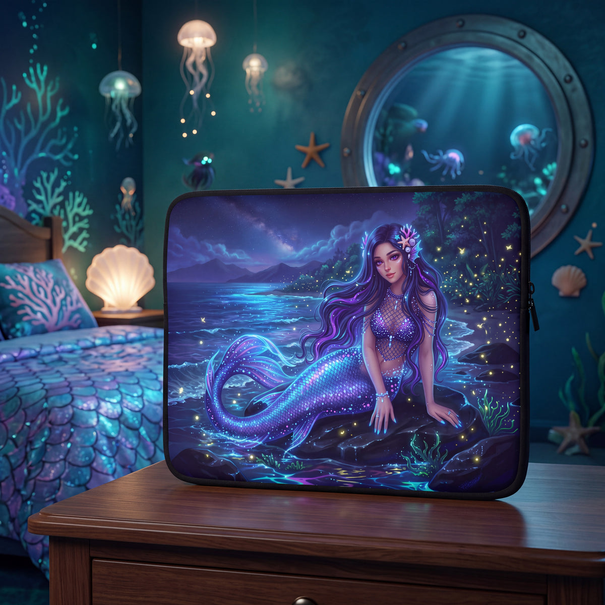 Moonlit Mermaid Laptop Sleeve – Bioluminescent Ocean Fantasy | Neoprene Case