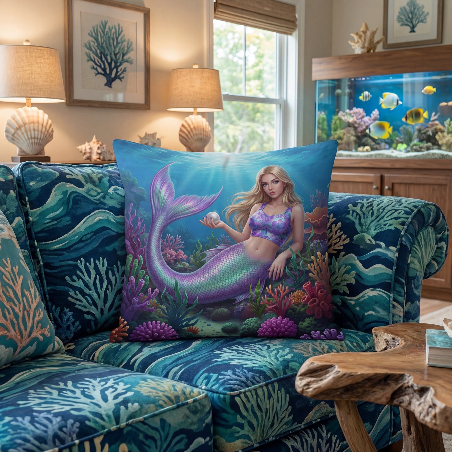 Mermaid Pillow Cover | Coral Reef Fantasy Decorative Cushion Case | Linen-Feel