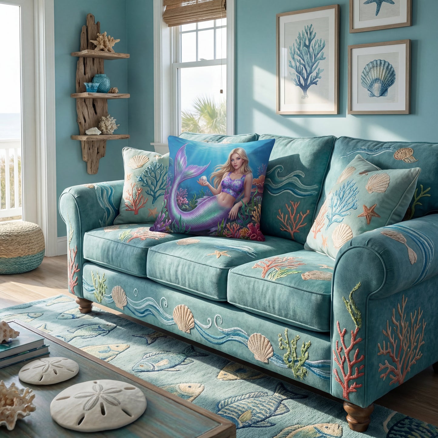 Mermaid Pillow Cover | Coral Reef Fantasy Decorative Cushion Case | Linen-Feel