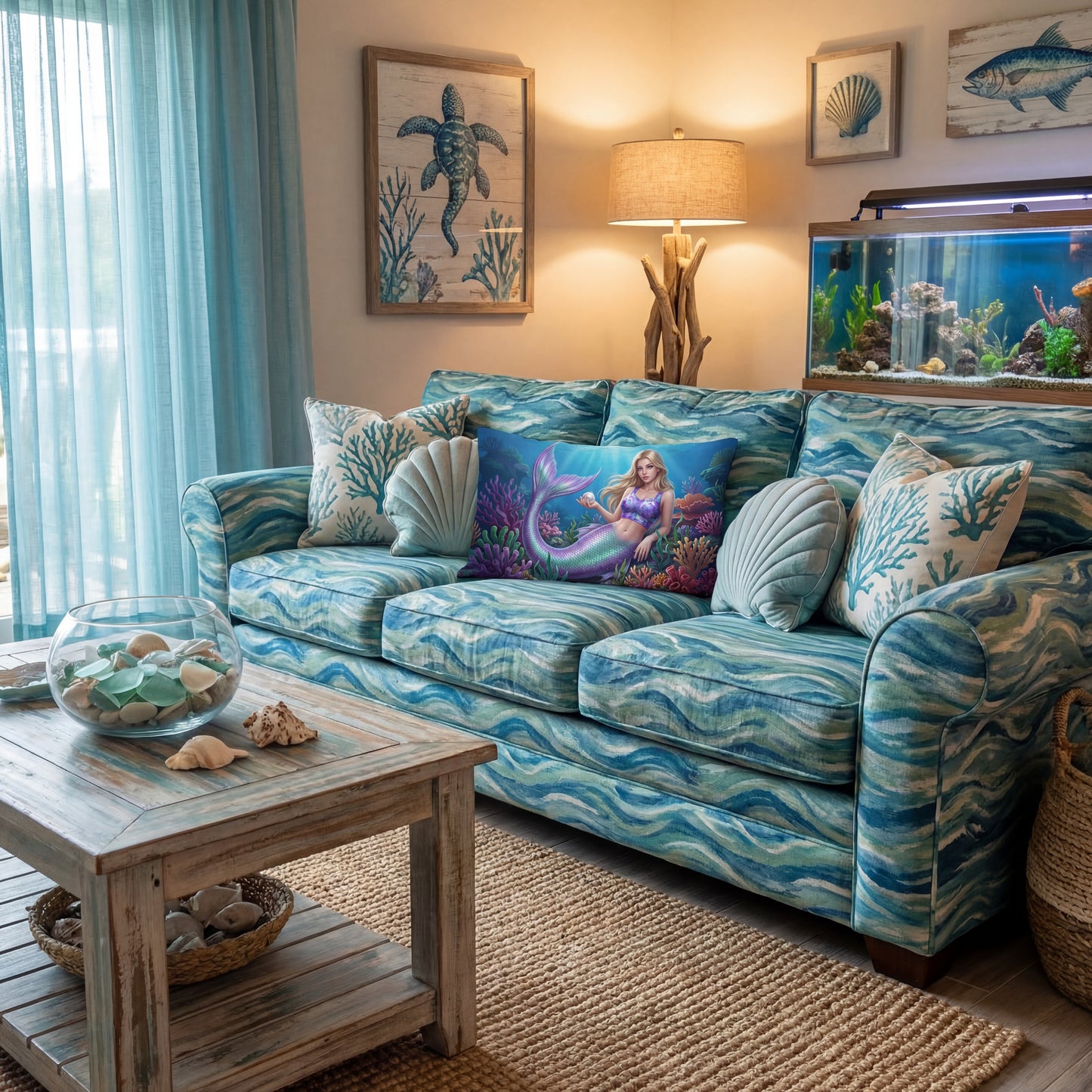 Mermaid Pillow Cover | Coral Reef Fantasy Decorative Cushion Case | Linen-Feel