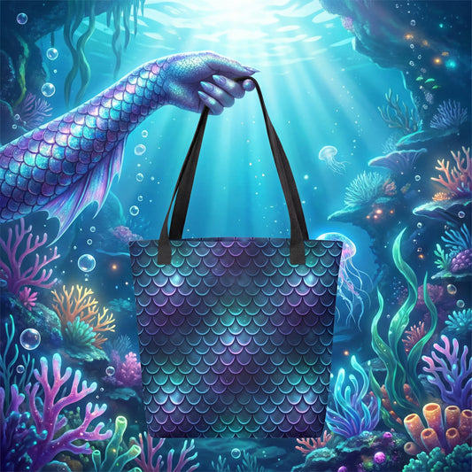 Mermaid Scales Tote Bag | Iridescent Teal & Purple All-Over Print | Mermaidcore Ocean Bag