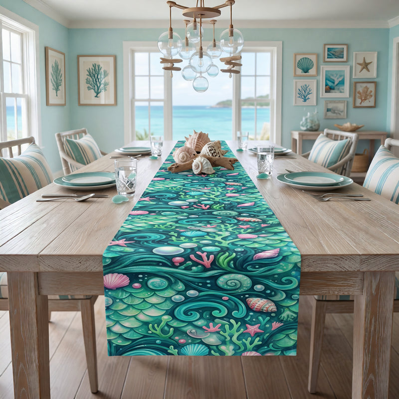Ocean Mermaid Table Runner | Seashell & Starfish Coastal Dining Decor