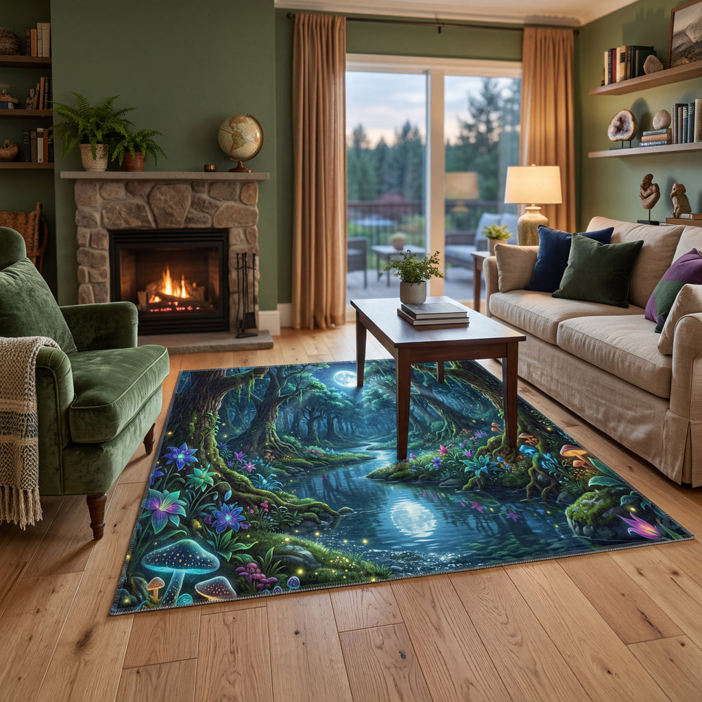 Moonlit Forest Area Rug | Magical Woodland Stream Decor