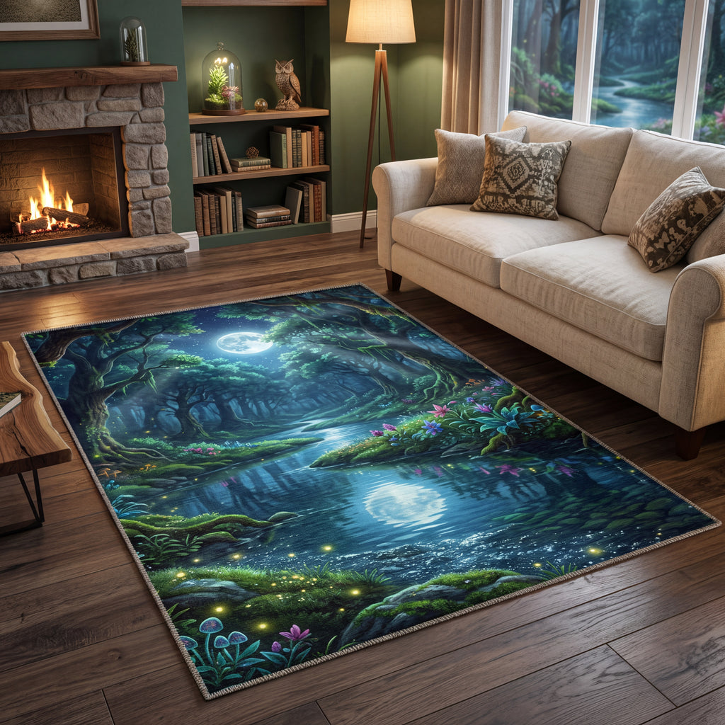 Moonlit Forest Area Rug | Magical Woodland Stream Decor