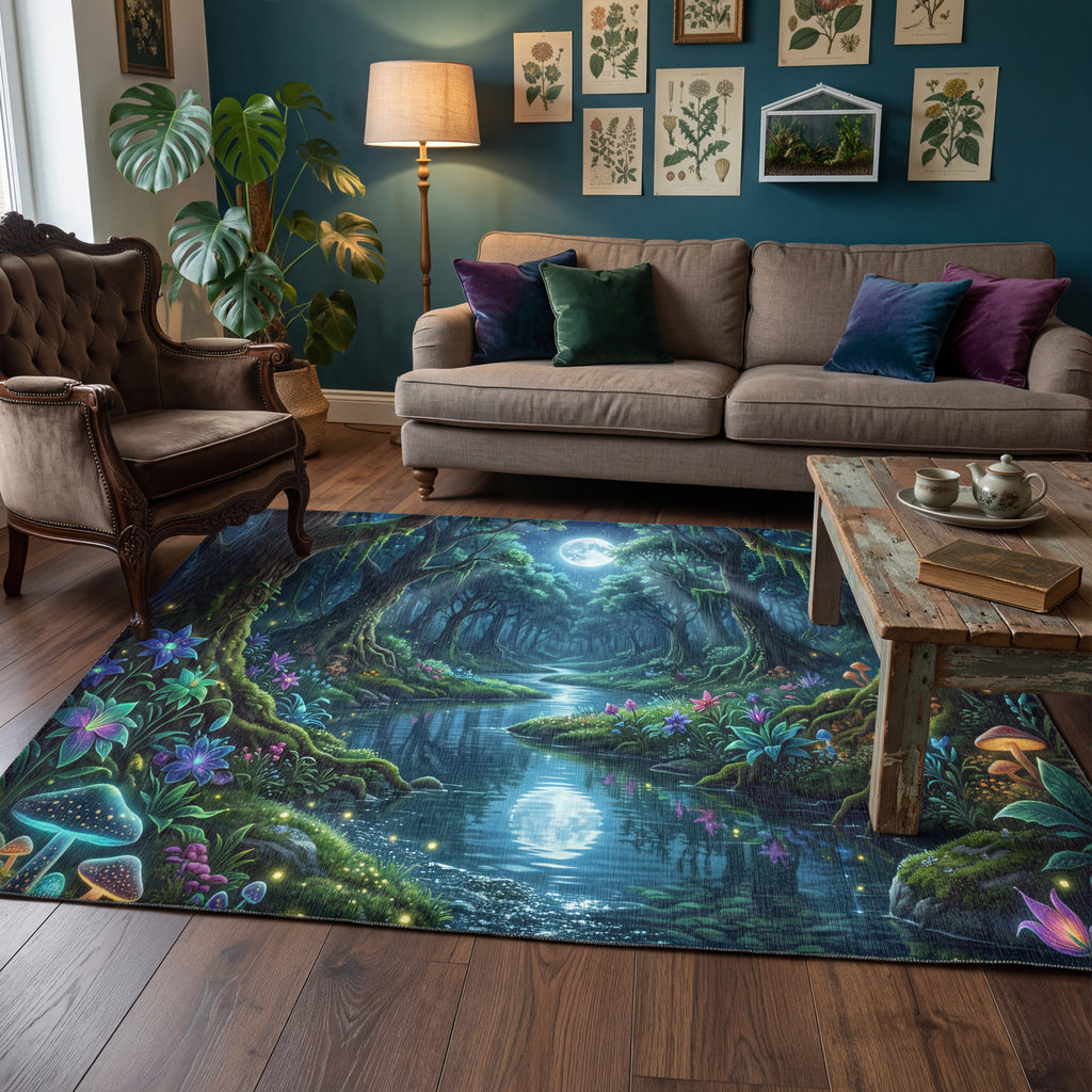 Moonlit Forest Area Rug | Magical Woodland Stream Decor