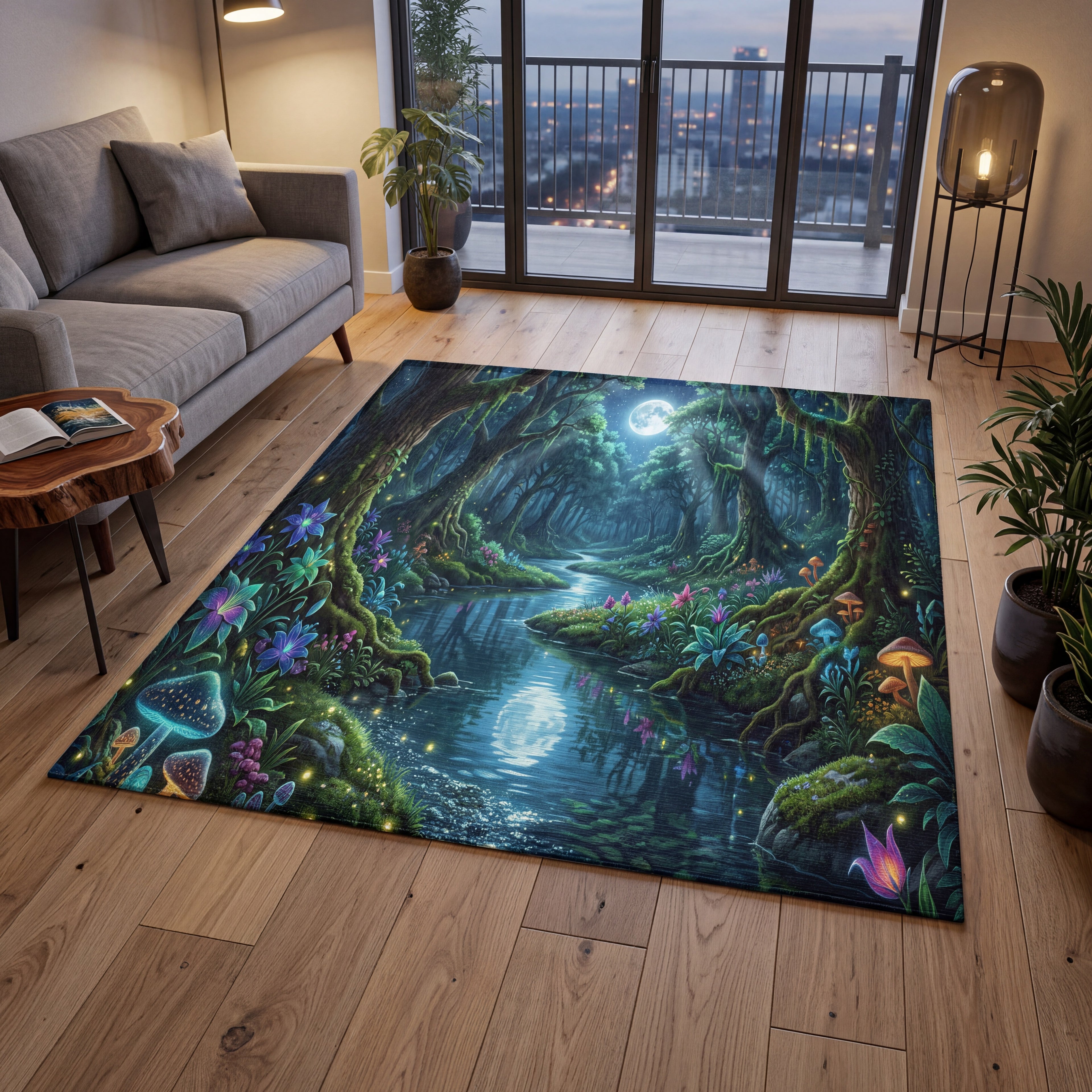 Moonlit Forest Area Rug | Magical Woodland Stream Decor