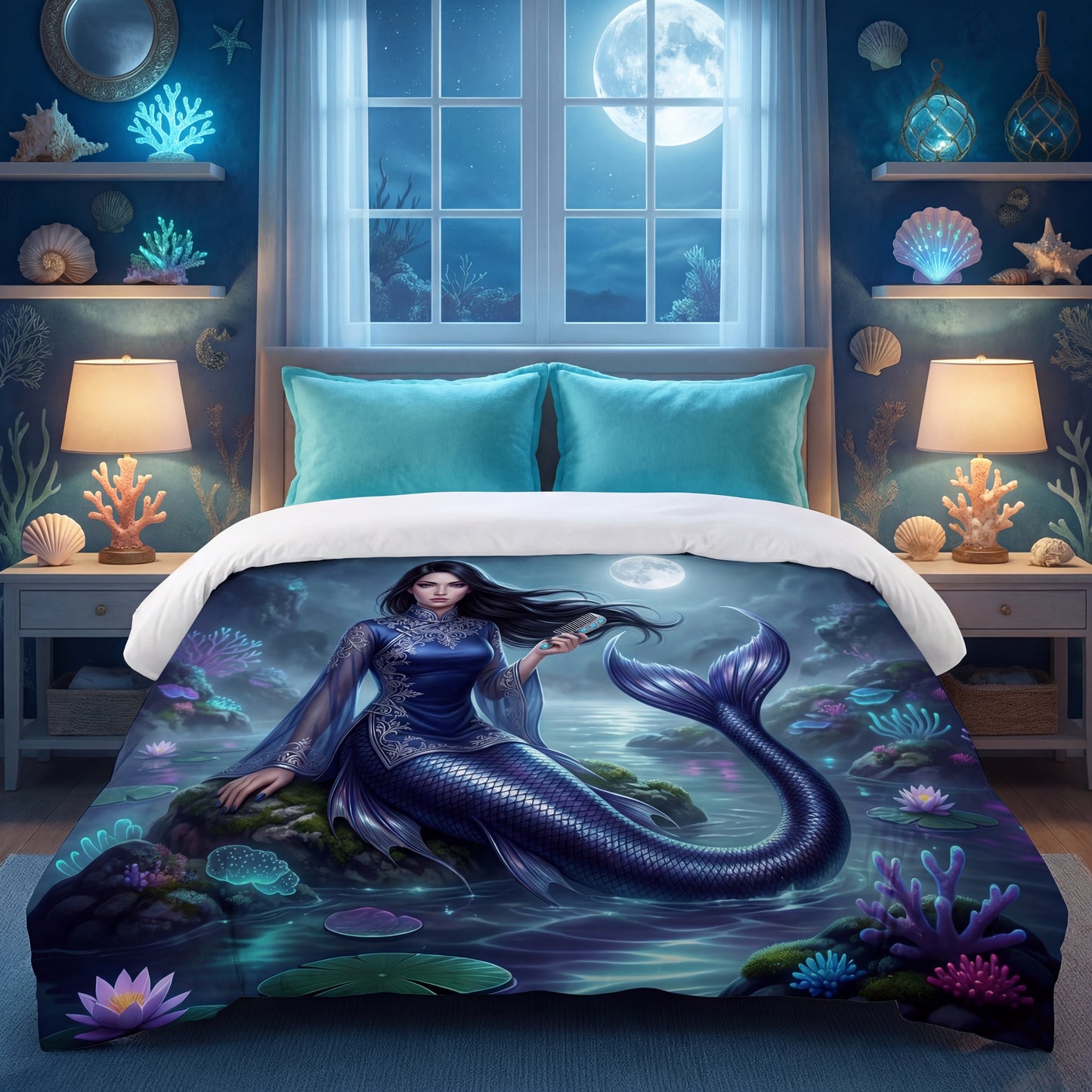 Moonlit Mermaid Comforter | Fantasy Ocean Bedding with Siren Art