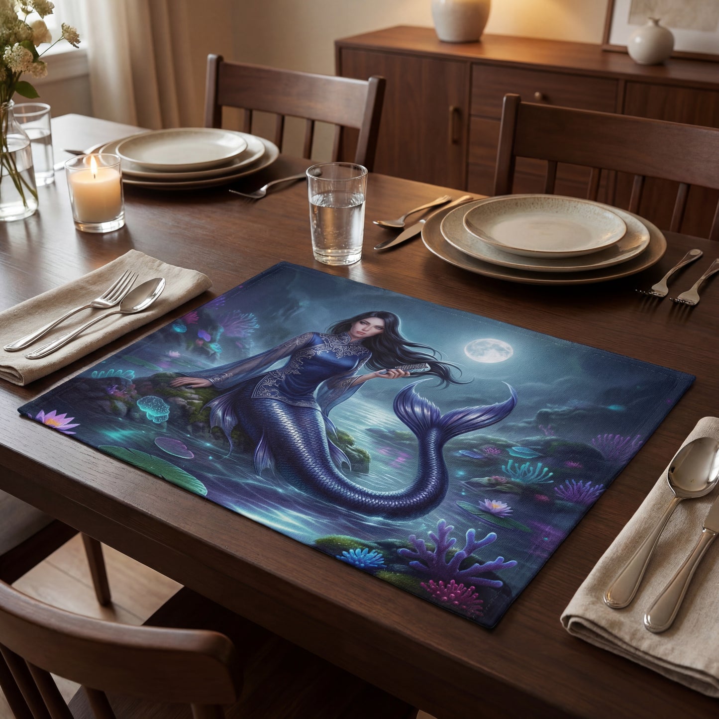 Moonlit Mermaid Placemats (Set of 4) | Fantasy Dining Table Mats