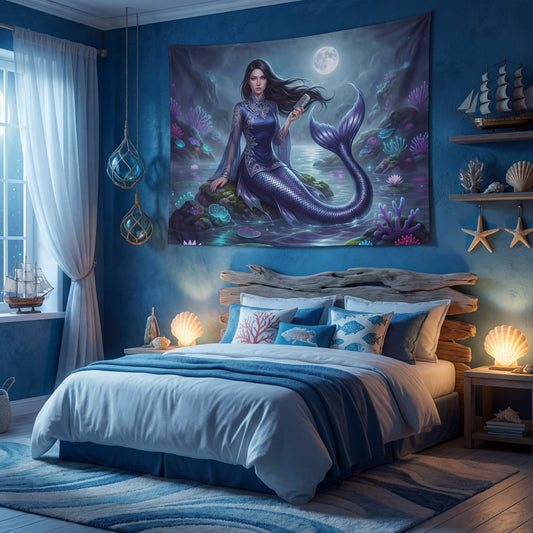 Moonlit Mermaid Tapestry | Dark Ocean Siren Wall Hanging