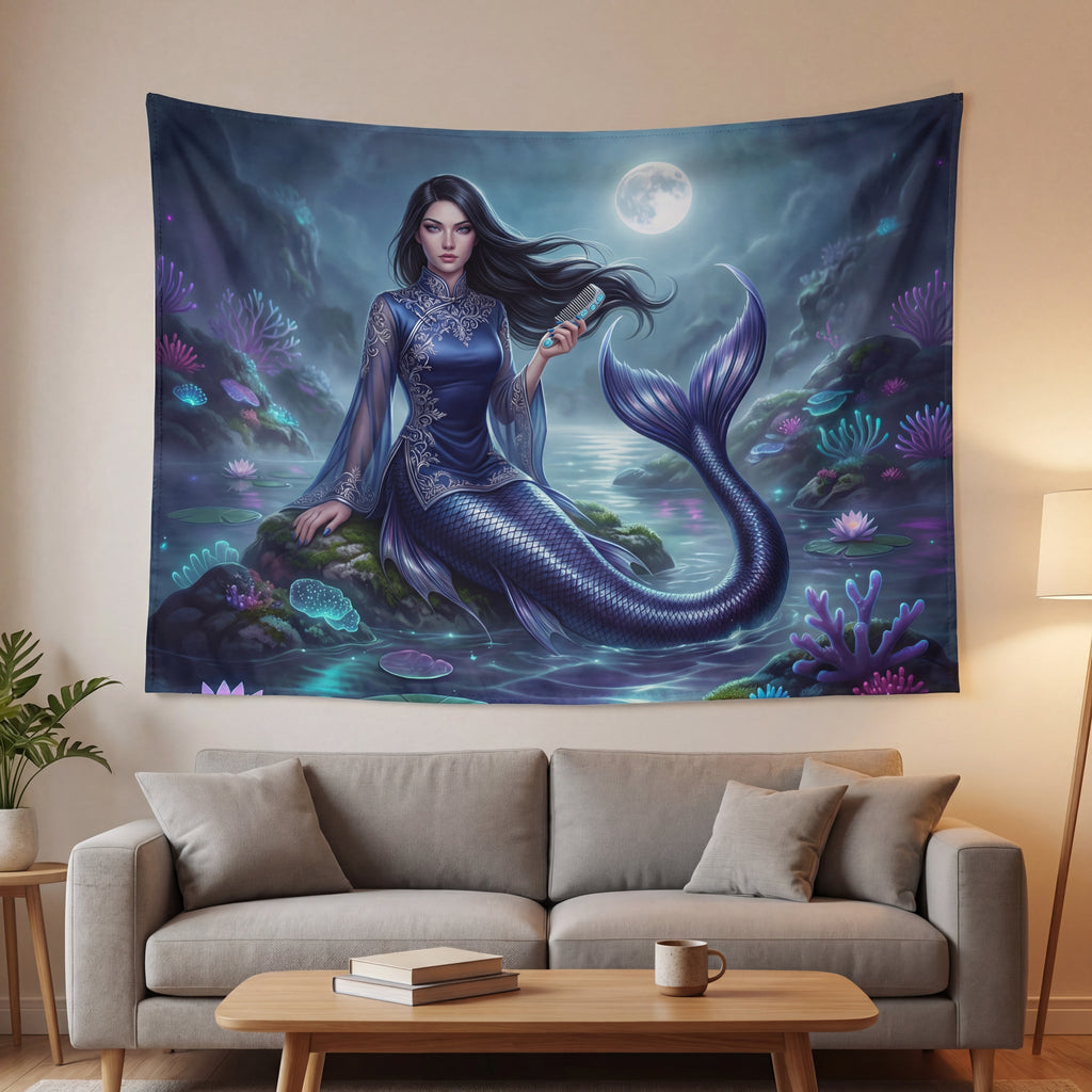 Moonlit Mermaid Tapestry | Dark Ocean Siren Wall Hanging