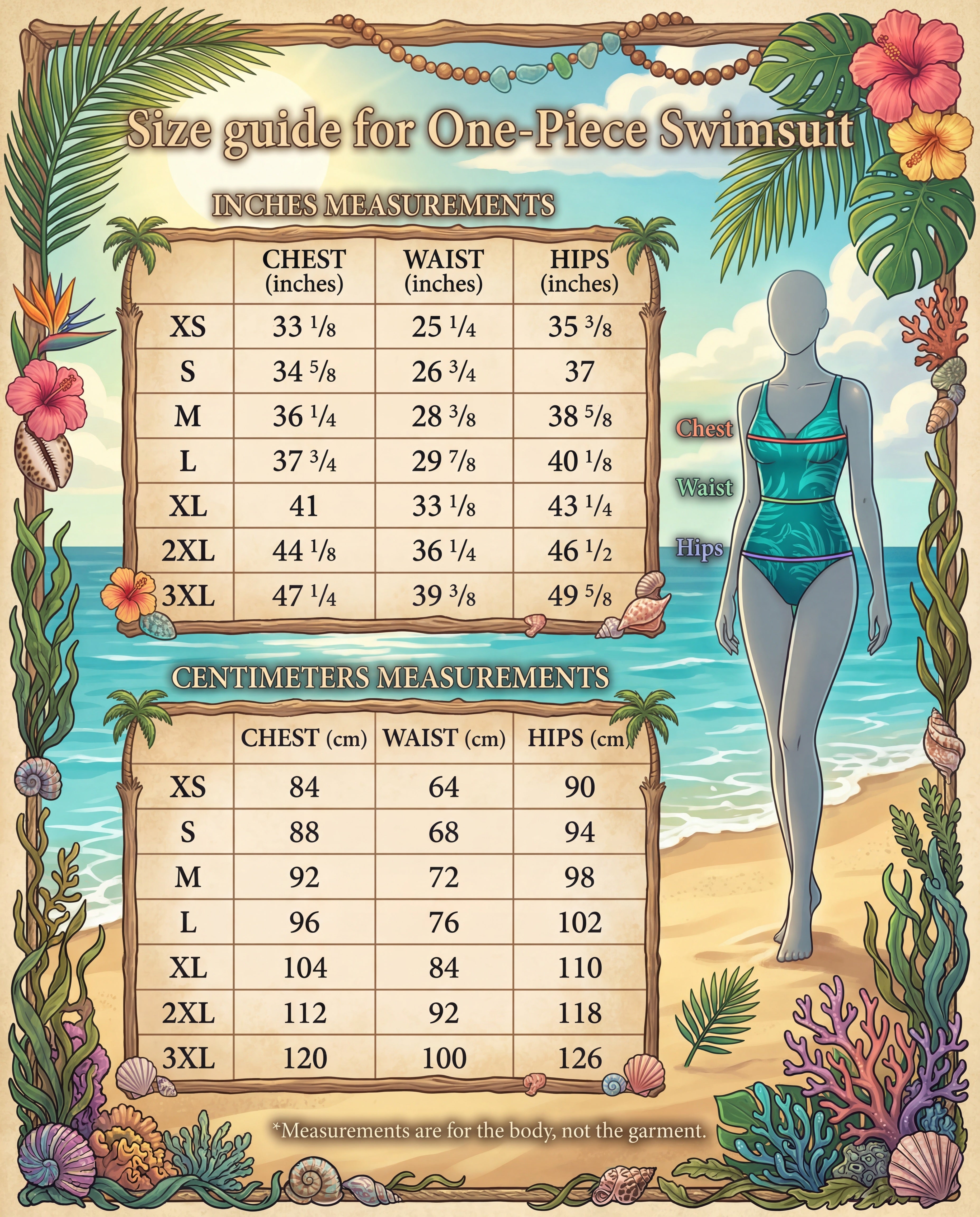 Tropical Beach One-Piece Swimsuit | Shells, Coral & Palm Tree Swimwear