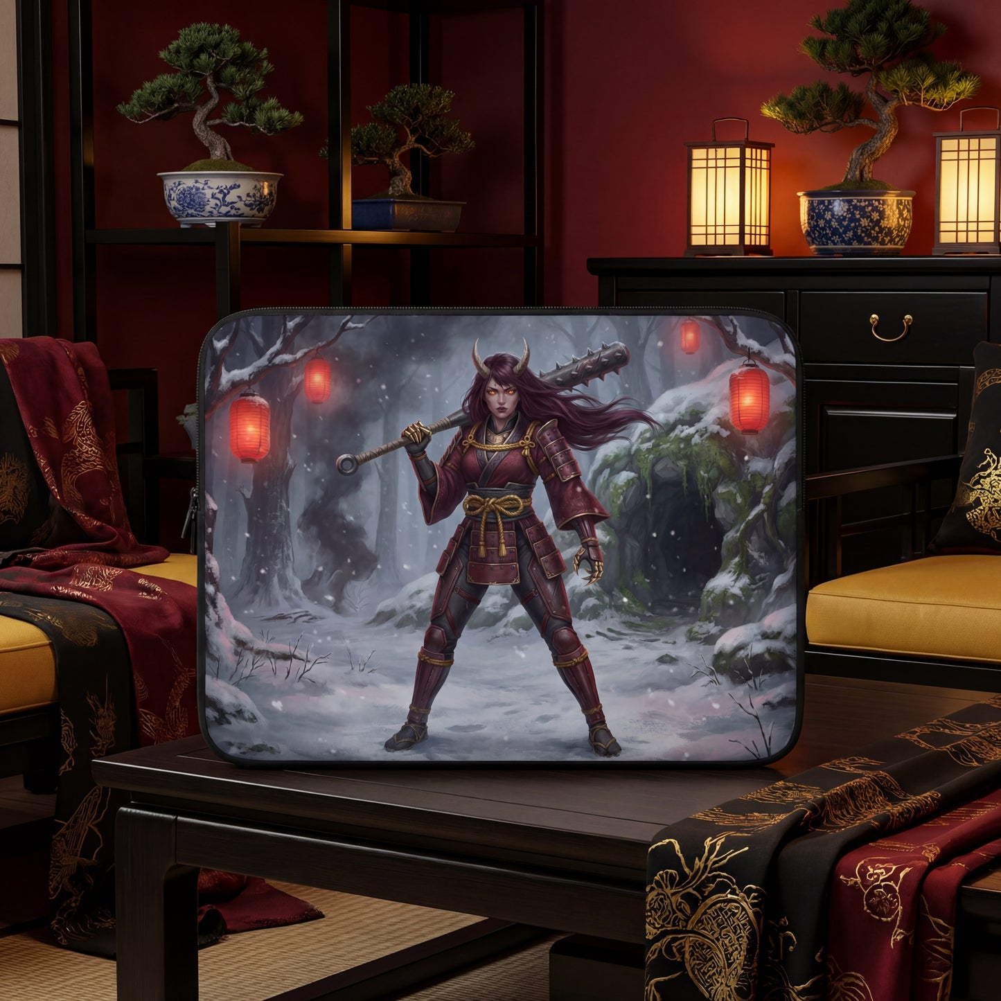 Oni Warrior Girl Laptop Sleeve | Japanese Yokai Dark Fantasy | Neoprene Case (13” / 15”)