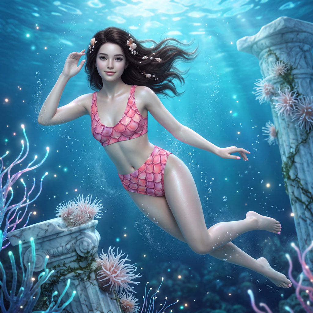 Pink Mermaid Bikini – High-Waisted Fish Scale Swimsuit | Fantasy Mermaidcore Two-Piece Swimwear