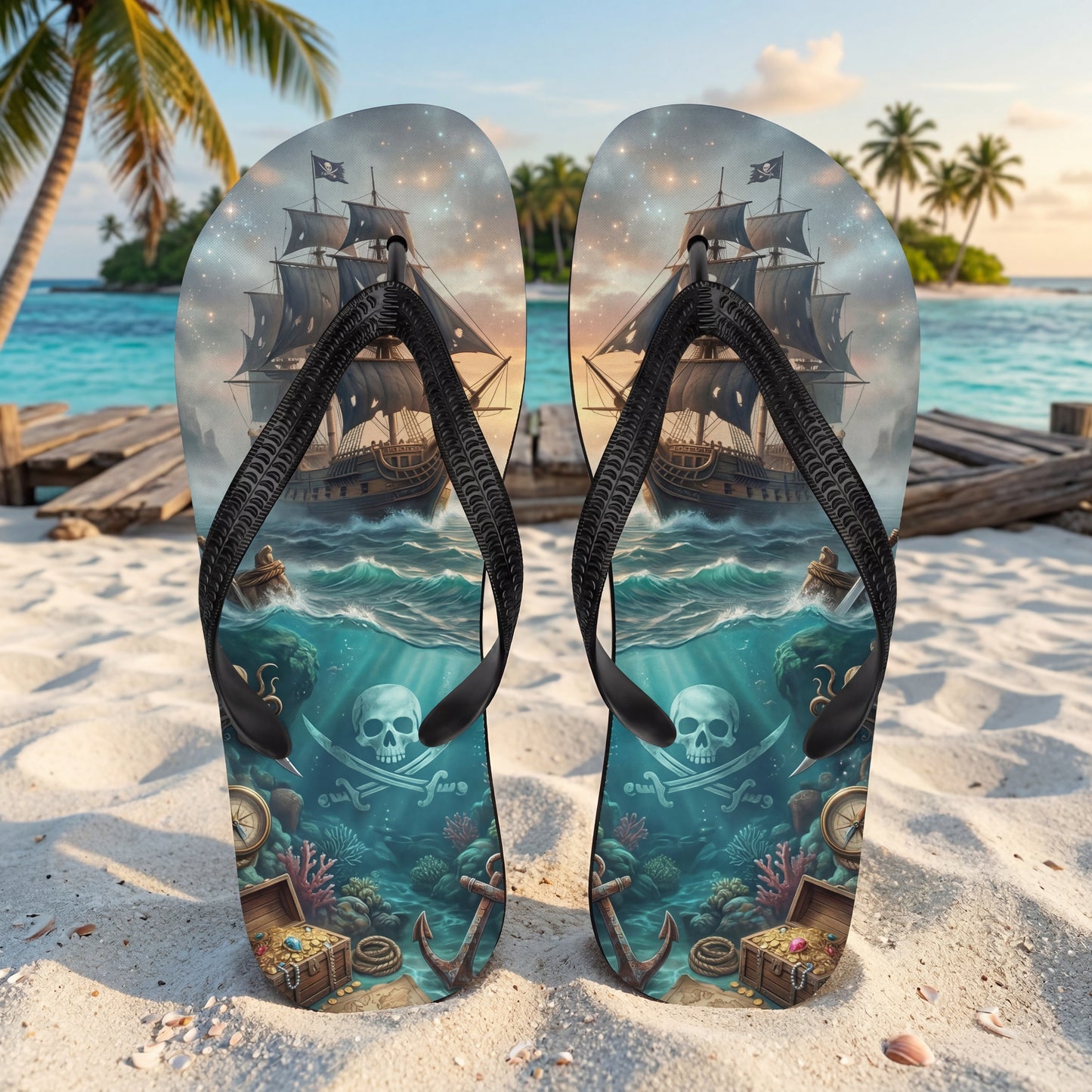 Pirate Ship Flip Flops | Undersea Treasure Sublimation Sandals