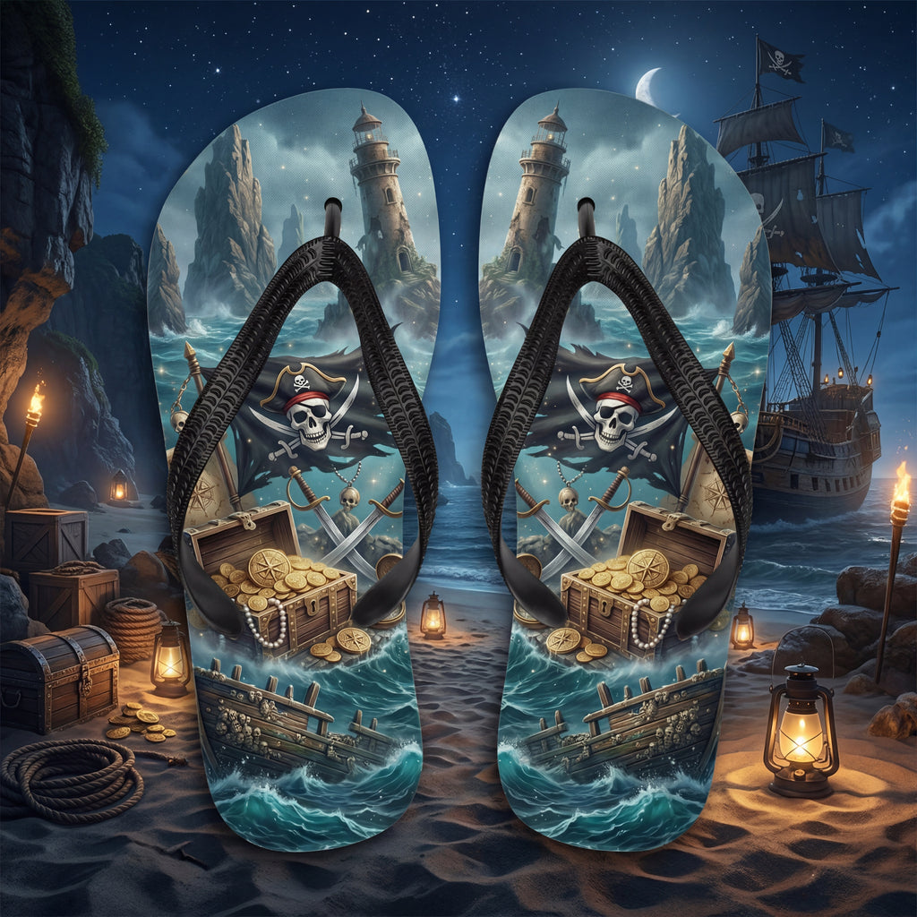 Piraten-Flip-Flops | Schatztruhe & stürmische See | Sublimations-Sandalen