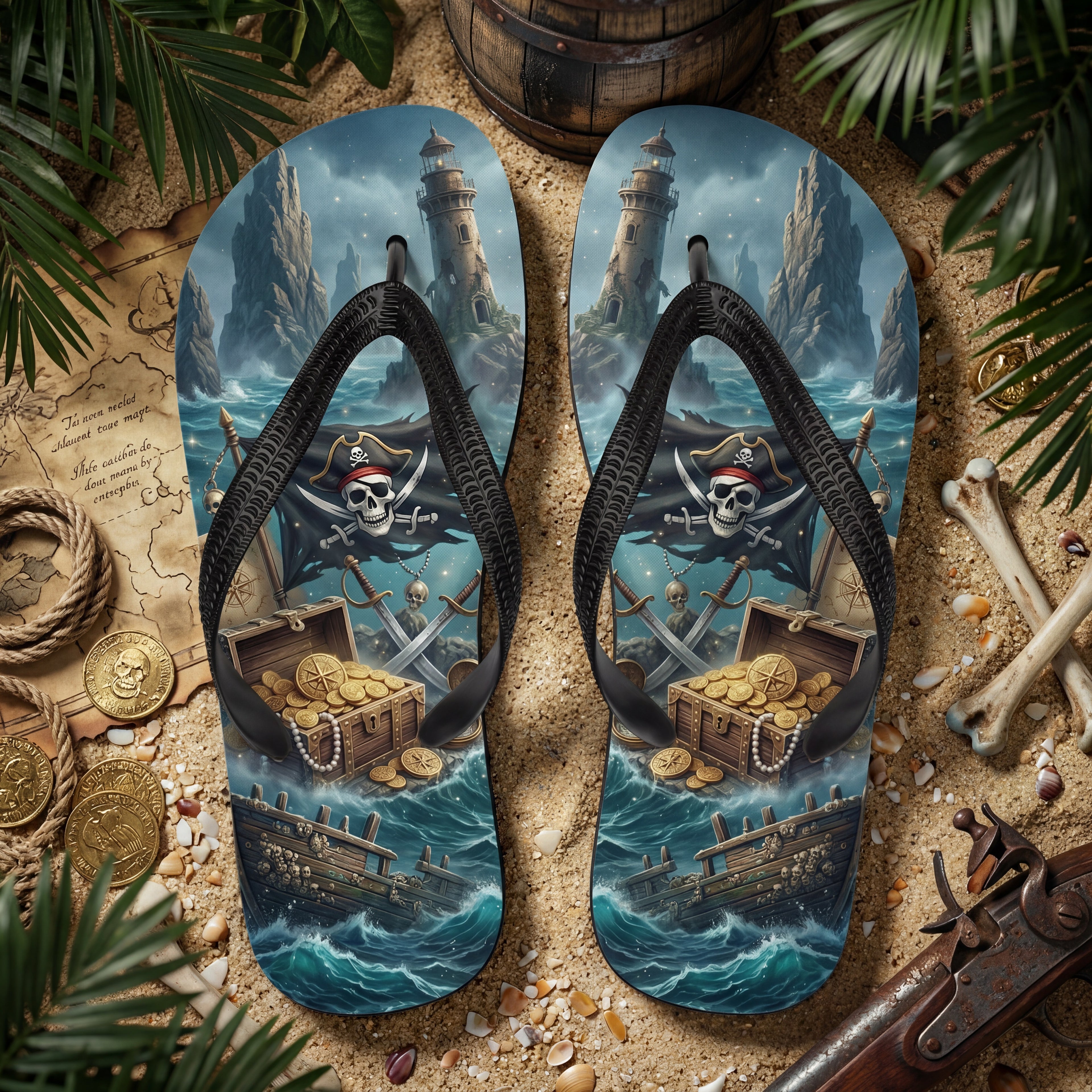 Piraten-Flip-Flops | Schatztruhe & stürmische See | Sublimations-Sandalen