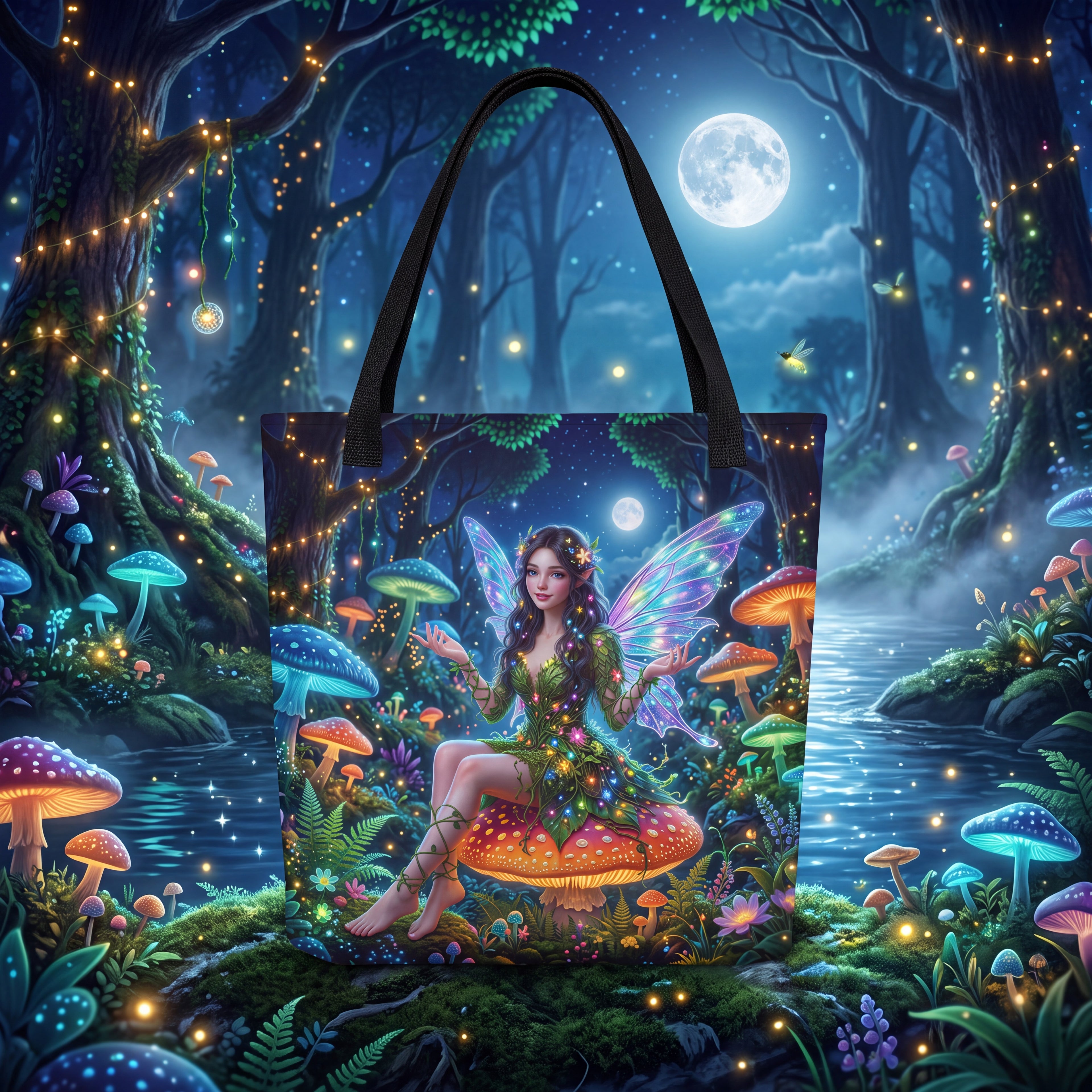 Enchanted Forest Fairy Tote Bag – Moonlit Mushroom Fantasy Bag