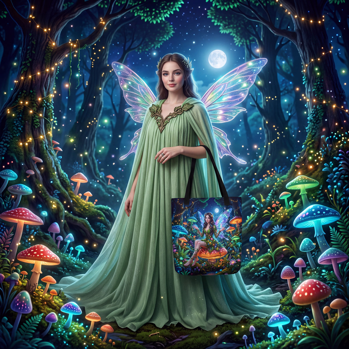 Enchanted Forest Fairy Tote Bag – Moonlit Mushroom Fantasy Bag