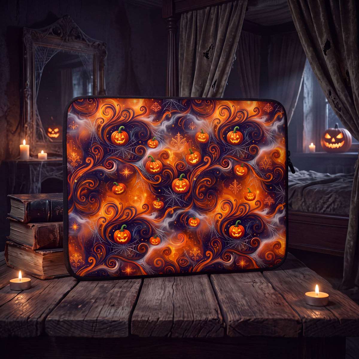 Halloween Pumpkin Laptop Sleeve – Jack-o’-Lantern & Spiderweb Design