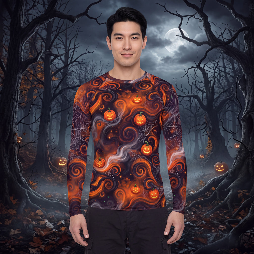 Men’s Halloween Pumpkin Rash Guard – Jack O Lantern Spiderweb Long Sleeve Swim Shirt