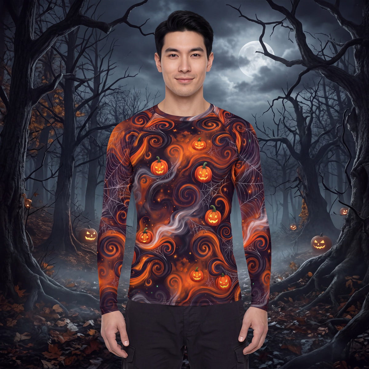 Men’s Halloween Pumpkin Rash Guard – Jack O Lantern Spiderweb Long Sleeve Swim Shirt