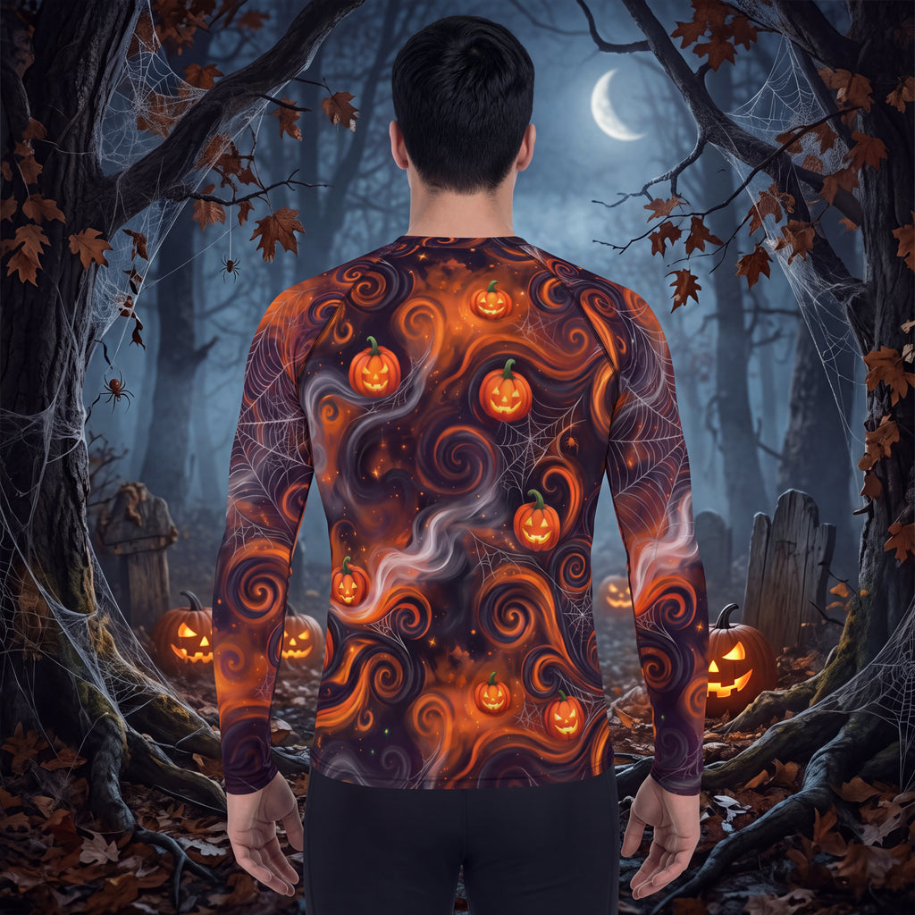 Men’s Halloween Pumpkin Rash Guard – Jack O Lantern Spiderweb Long Sleeve Swim Shirt