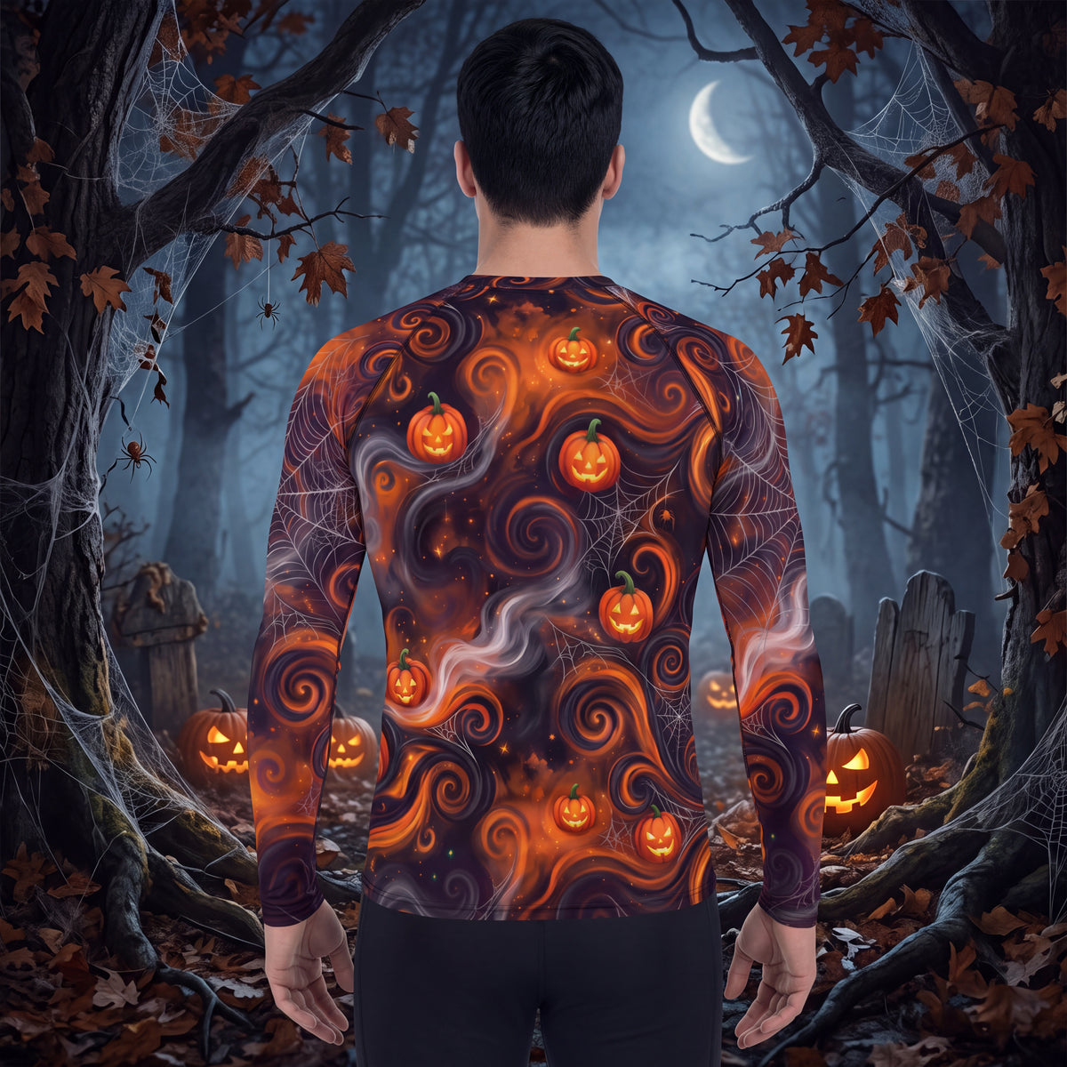 Men’s Halloween Pumpkin Rash Guard – Jack O Lantern Spiderweb Long Sleeve Swim Shirt