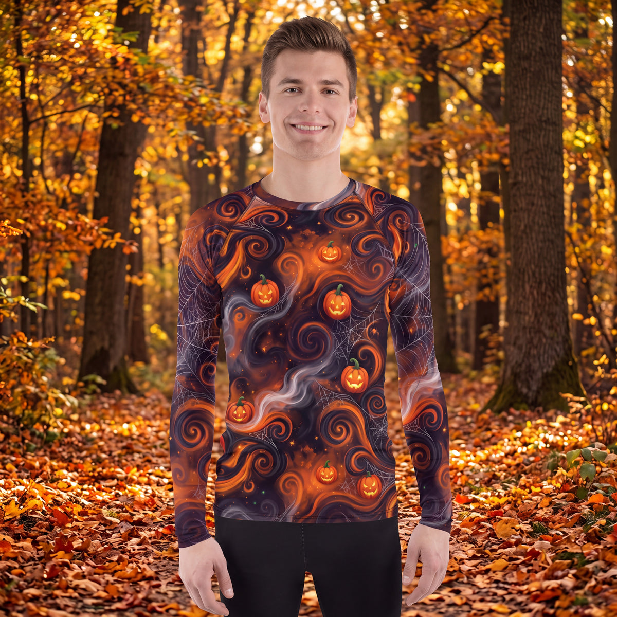 Men’s Halloween Pumpkin Rash Guard – Jack O Lantern Spiderweb Long Sleeve Swim Shirt