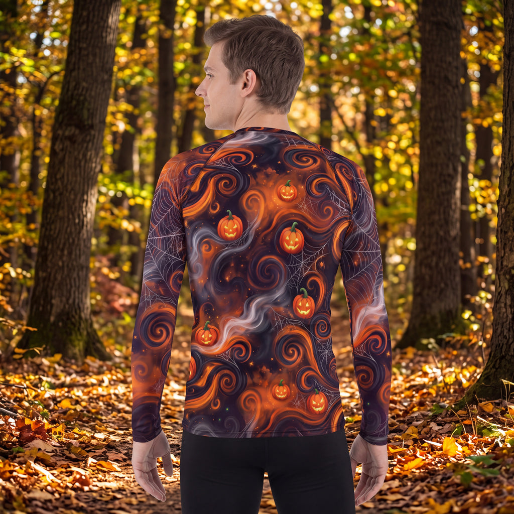 Men’s Halloween Pumpkin Rash Guard – Jack O Lantern Spiderweb Long Sleeve Swim Shirt