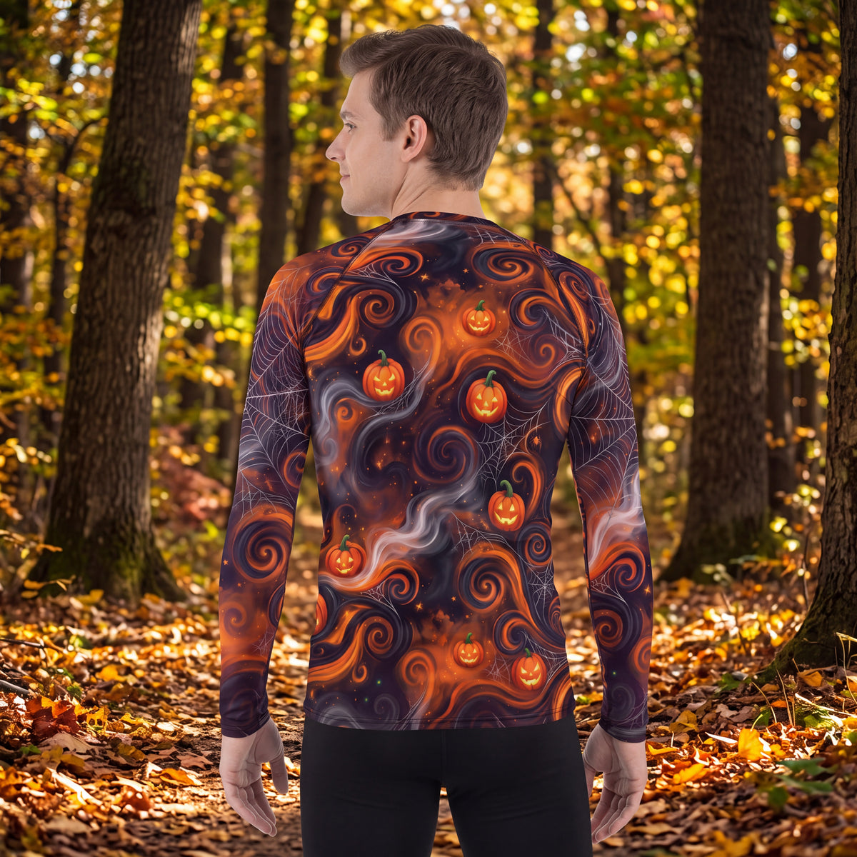 Men’s Halloween Pumpkin Rash Guard – Jack O Lantern Spiderweb Long Sleeve Swim Shirt