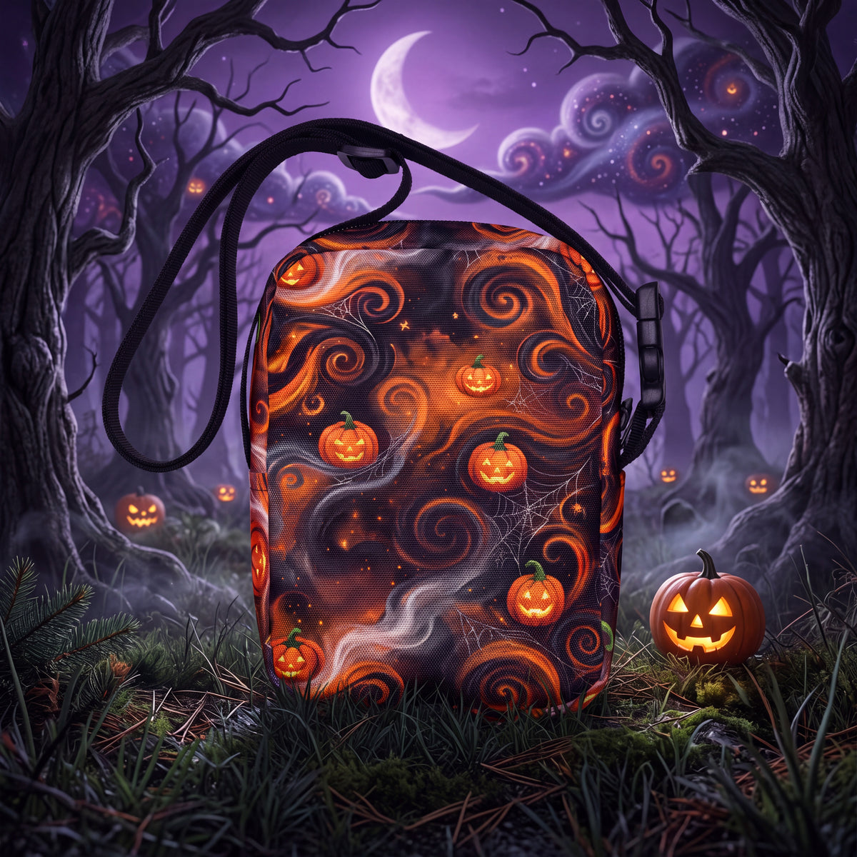 Halloween Pumpkin Crossbody Bag – Jack O Lantern Spiderweb Spooky Purse