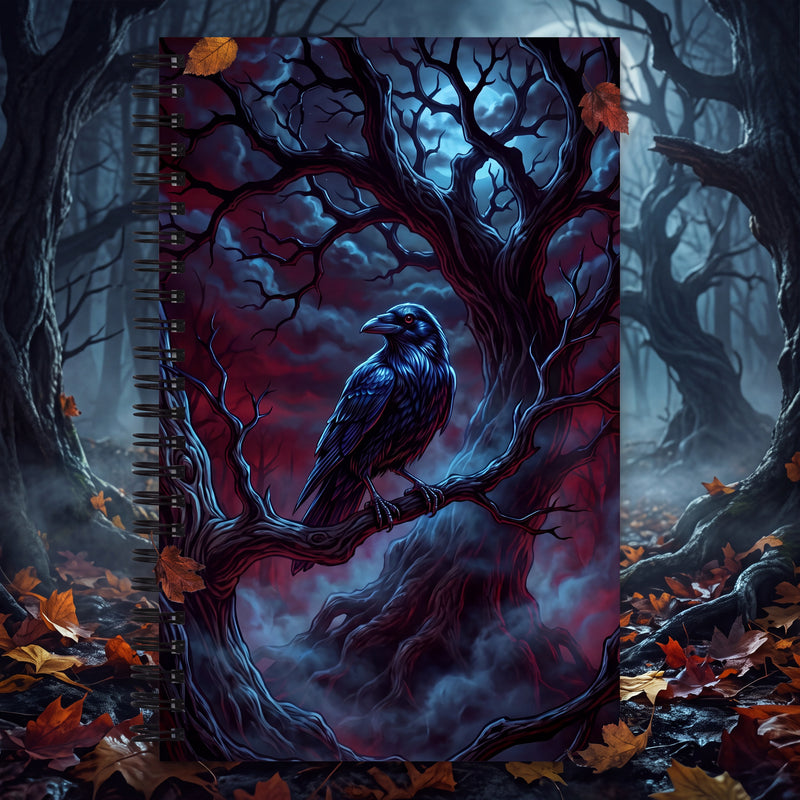 Gothic Raven Spiral Notebook – Moonlit Dark Forest Dot Grid Journal