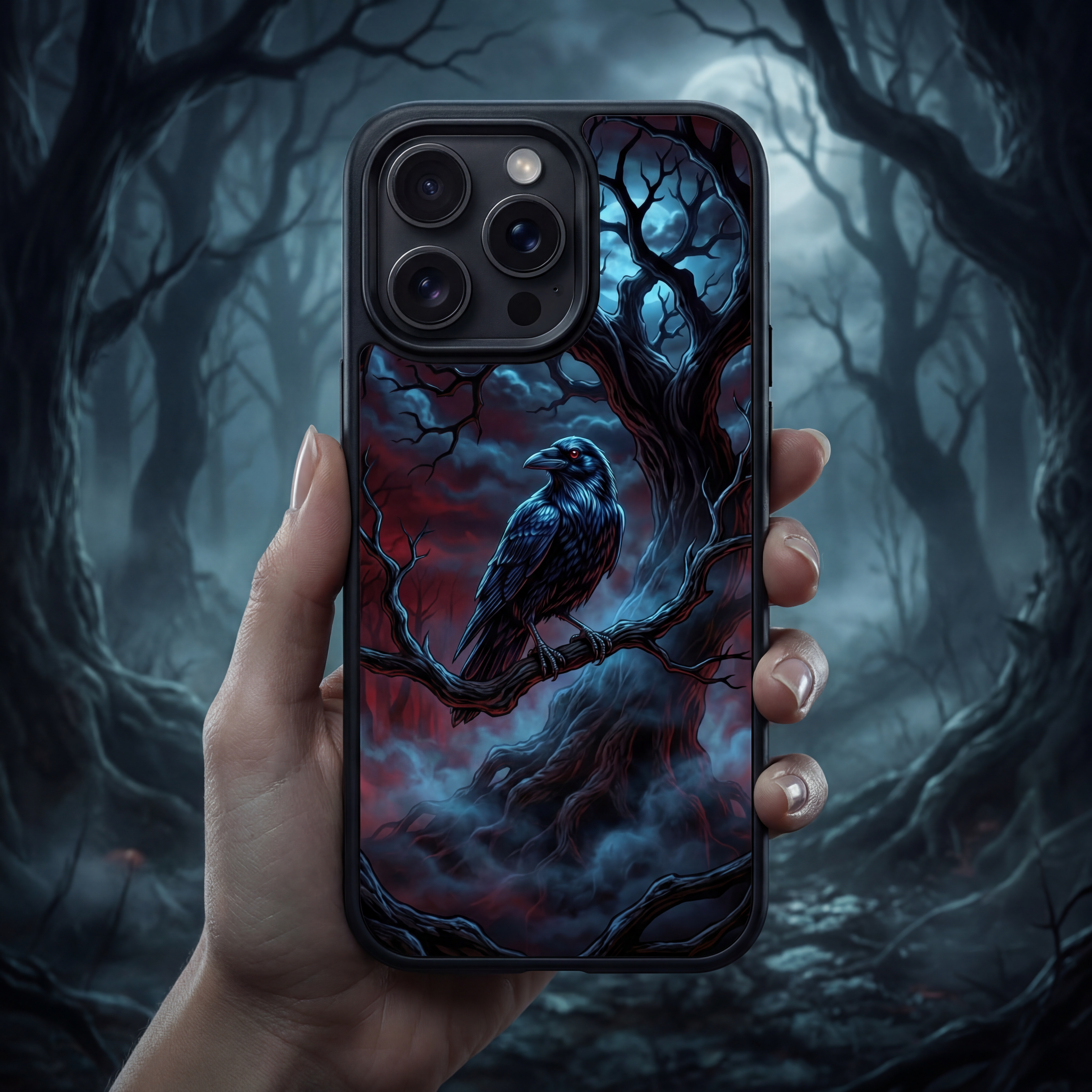 Gotischer Rabe iPhone Tough Case | Mondlicht Dunkelwald-Ästhetik | Gruselige Handyhülle