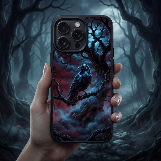 Gothic Raven iPhone Tough Case | Moonlit Dark Forest Aesthetic | Spooky Phone Cover