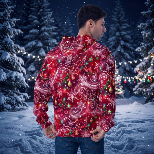 Red Christmas Hoodie | Snowflake Ornament Holiday Pullover | Festive All-Over Print Hoodie