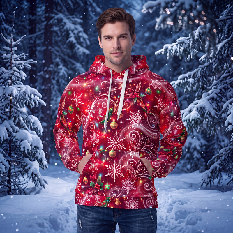 Red Christmas Hoodie | Snowflake Ornament Holiday Pullover | Festive All-Over Print Hoodie