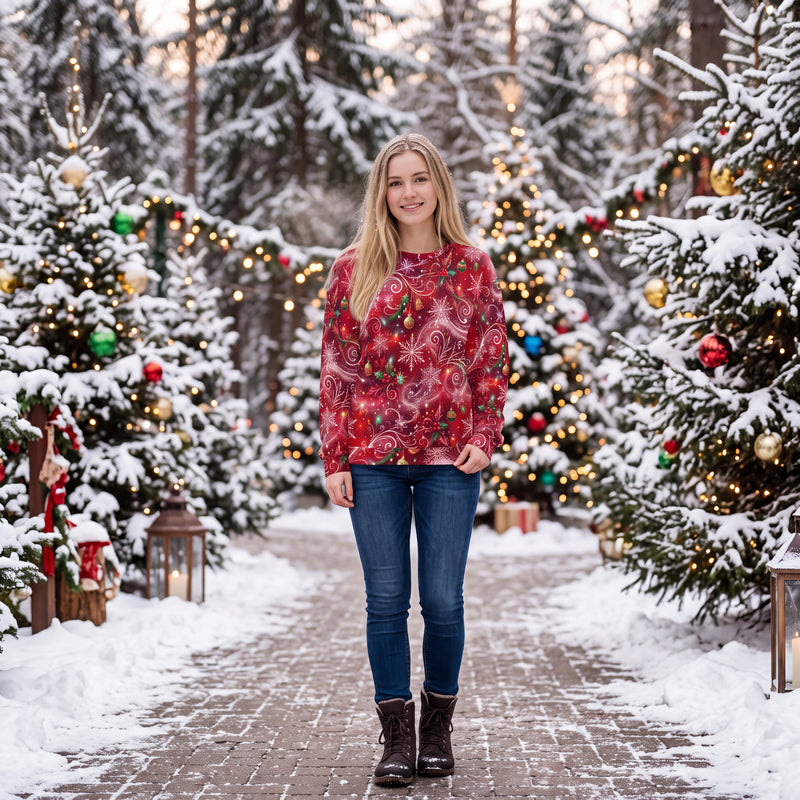 Red Christmas Sweatshirt – Snowflakes, Ornaments & Holly Holiday Sweater