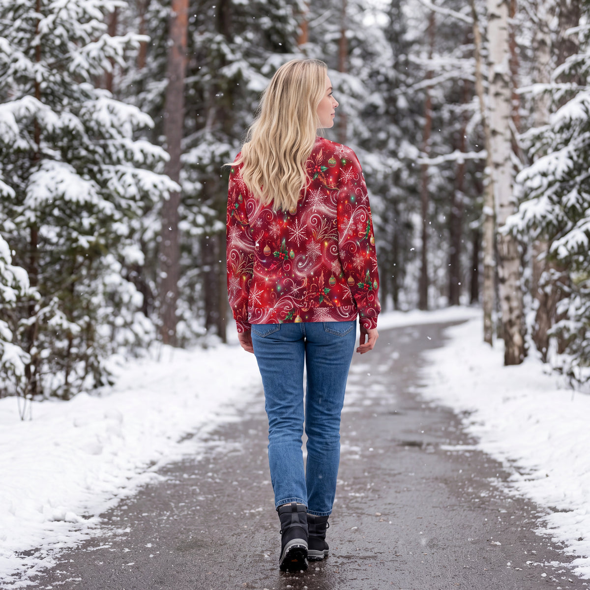 Red Christmas Sweatshirt – Snowflakes, Ornaments & Holly Holiday Sweater