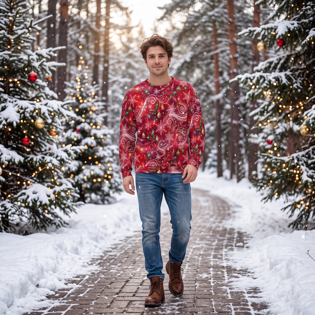 Red Christmas Sweatshirt – Snowflakes, Ornaments & Holly Holiday Sweater