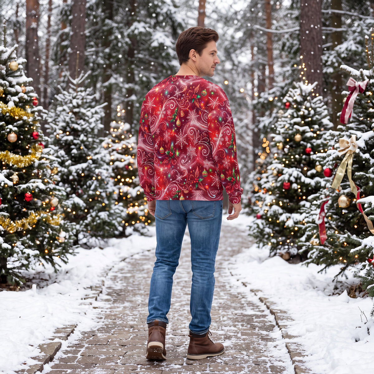Red Christmas Sweatshirt – Snowflakes, Ornaments & Holly Holiday Sweater